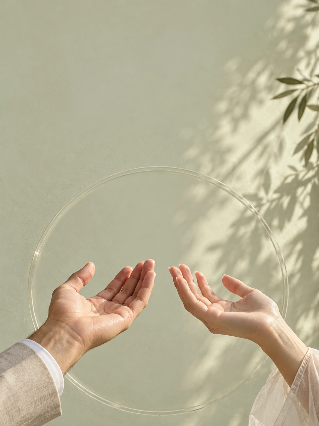 Two open hands poised to catch two floating gold wedding rings in soft sunlight